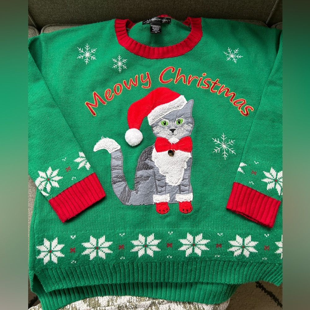 United States Sweaters Meowy Christmas Cat Sweater - Green and Red